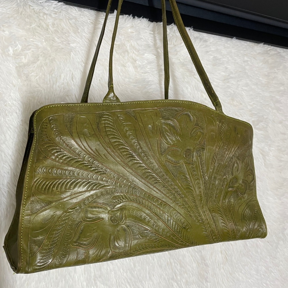 Vintage Hand Tooled Leather Shoulder Bag Olive Green Floral Western Boho Tote